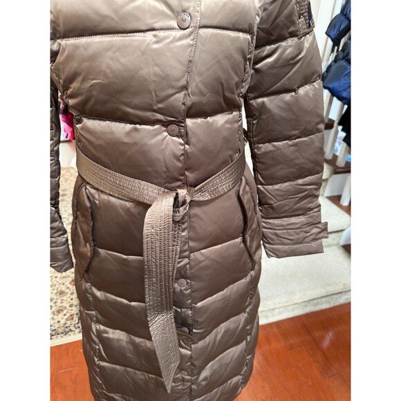 Women’s Long Belted Puffer Coat Sz S Brown Quilted Winter Jacket Removable Hood - Picture 2 of 12